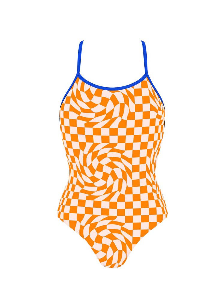 Chlamys Varia by MrMiss - Wholesale Swim Shorts - Women’s - Chlamys Varia Swimsuit-Orange Checkerboard