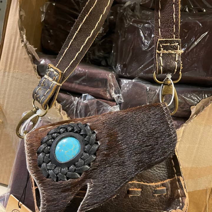 Broads Market - Vente Sac à bandoulière – femme - Mini sac à bandoulière en cuir de vachette avec pierre turquoise7