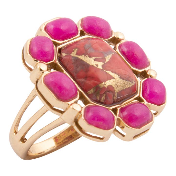 Bague imposante dorée à double magnesite rouge et quartz rose pour la vente par Barse Jewelry