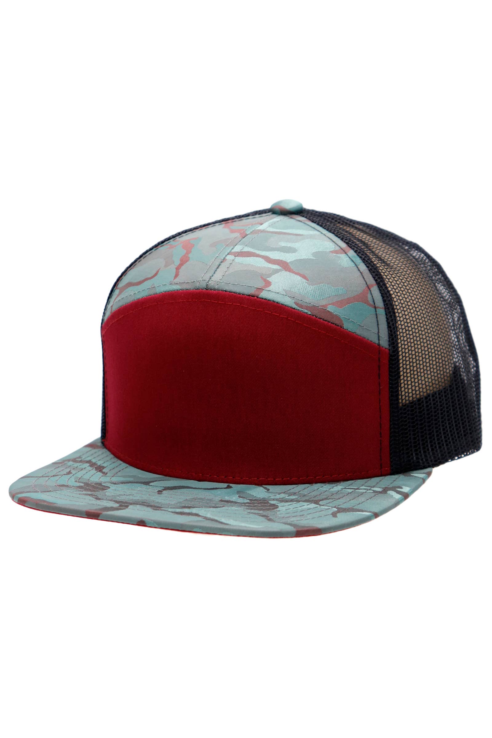 Cap Zone - Wholesale Trucker Hat - Unisex - Solid Front Nylon Camo 7 Panel Flat Trucker Hat11