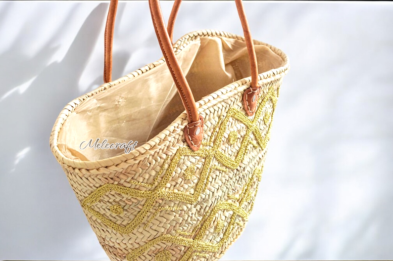 Melecraft – wholesale Basket – Embroidered Straw Tote with Leather Handles7