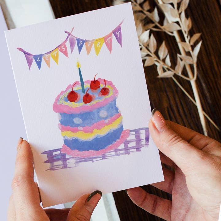Kids 'Let's Party' vintage pastel cake- A6 Greeting card for wholesale by Katie Dyer