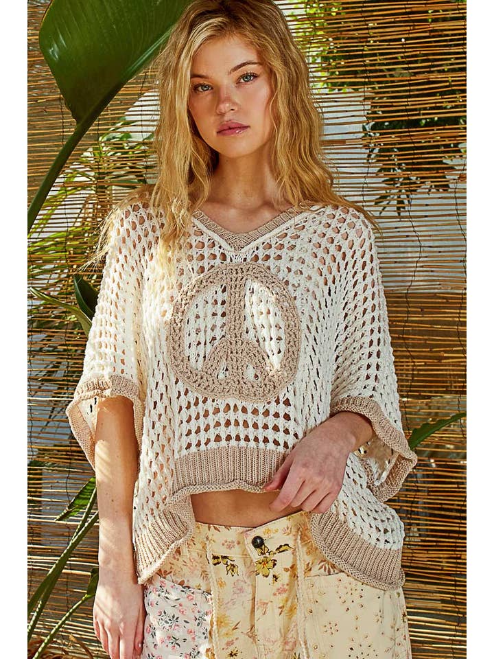 Pol Clothing - Wholesale Knit Sweater - Women's - Oversize v-neck short sleeve peace sign sweater SALE