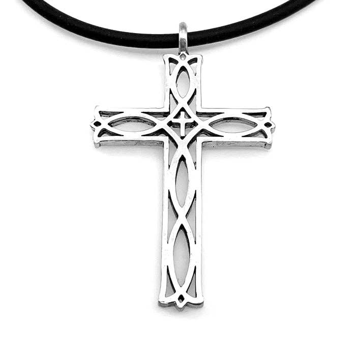 Forgiven Jewelry - Wholesale Pendant/Charm Necklace - Cross Ichthus Fish Antique Silver Necklace0