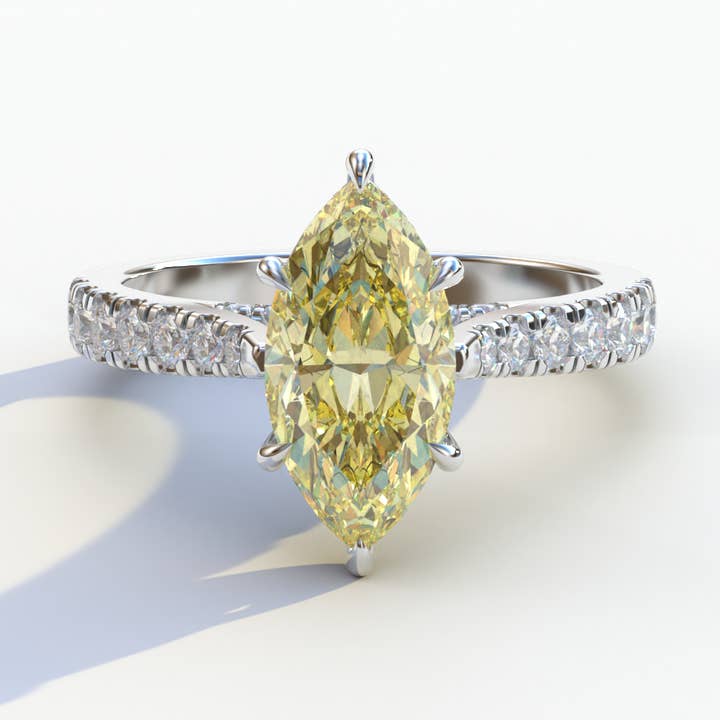 Bague en diamant de laboratoire marquise jaune de 1,5 carat avec halo caché et pavé - Ash pour la vente par Mohana Jewels - Luxury