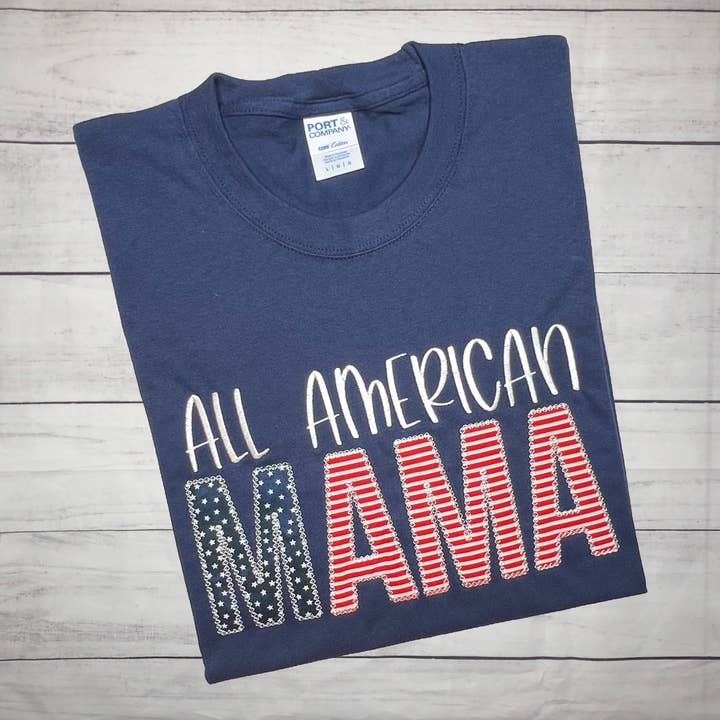 All American Mama Embroidered Applique Tee for wholesale by Handmade Pieces Company LLC