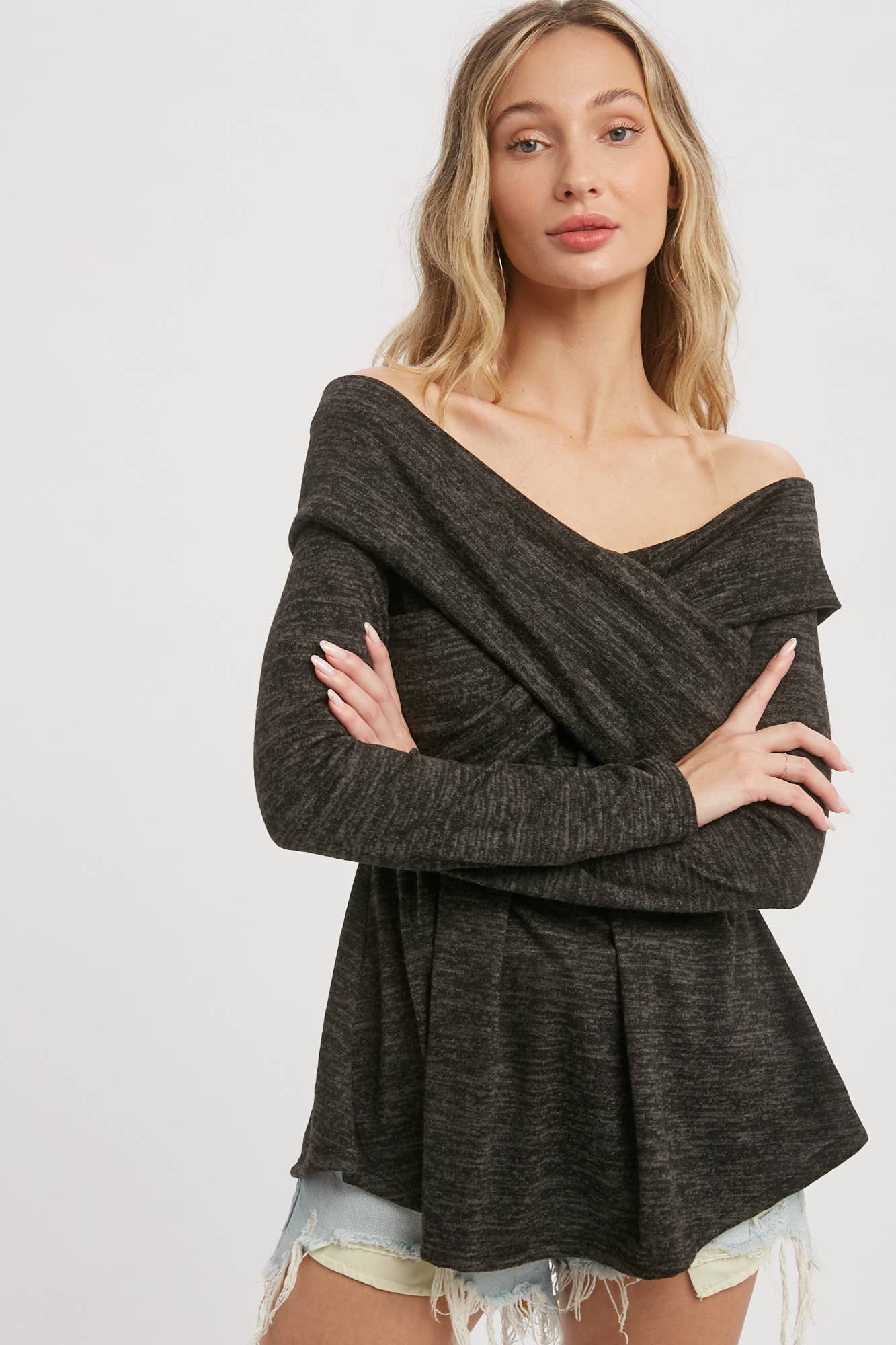 Bluivy - Wholesale Knit Top - Women's - MARLED KNIT CROSSOVER OFF SHOULDER TOP4