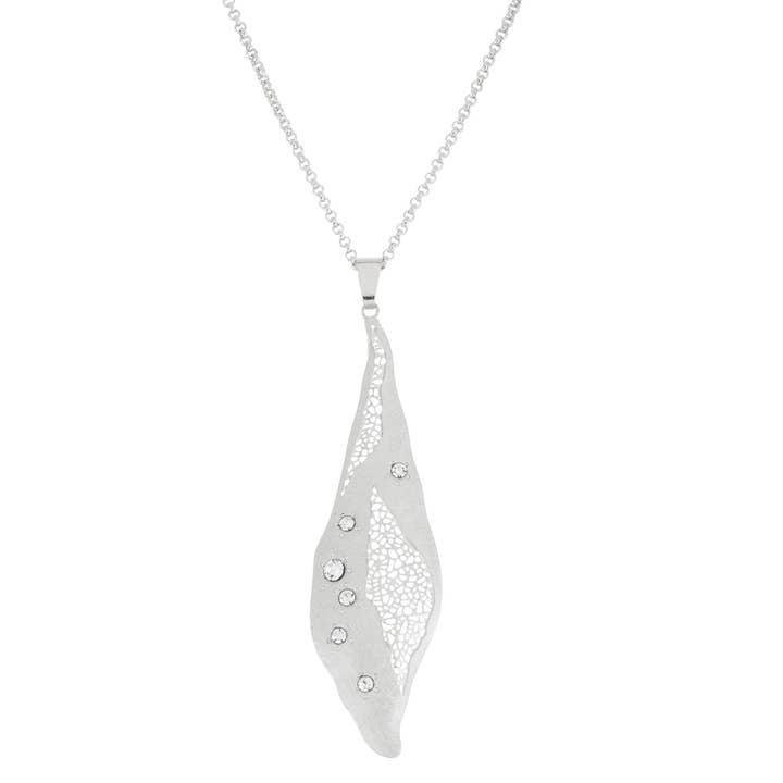Luxe on Main LLC - Wholesale Pendant/Charm Necklace - Silver Tone Stamped Leaf Pendant Necklace with Crystals