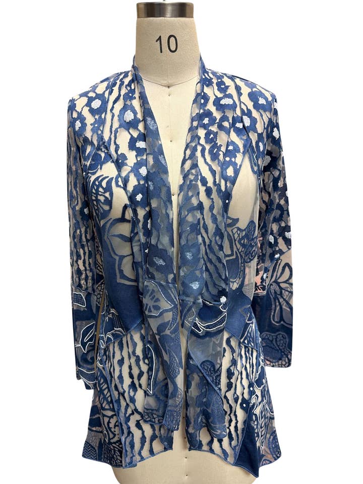 Cardigã de linha aberta azul denim para mulher por atacado de Kamana