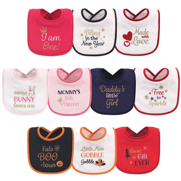 Hudson Baby Cotton Terry Drooler Bibs with Fiber Filling, Holiday Girl I Am One for wholesale by BabyVision