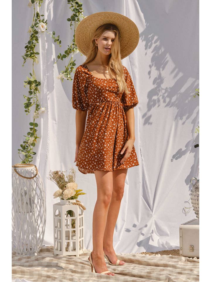 BROWN DND1235 FLORAL KNIT BABYDOLL DRESS for wholesale on Faire