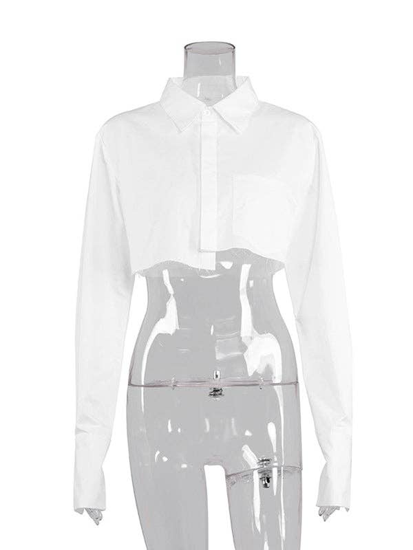 VividLux - Wholesale Buttoned-down shirt – Women's - Cropped Long Sleeves Asymmetric Fringed Pockets Solid Color Blouses&shirts Tops2