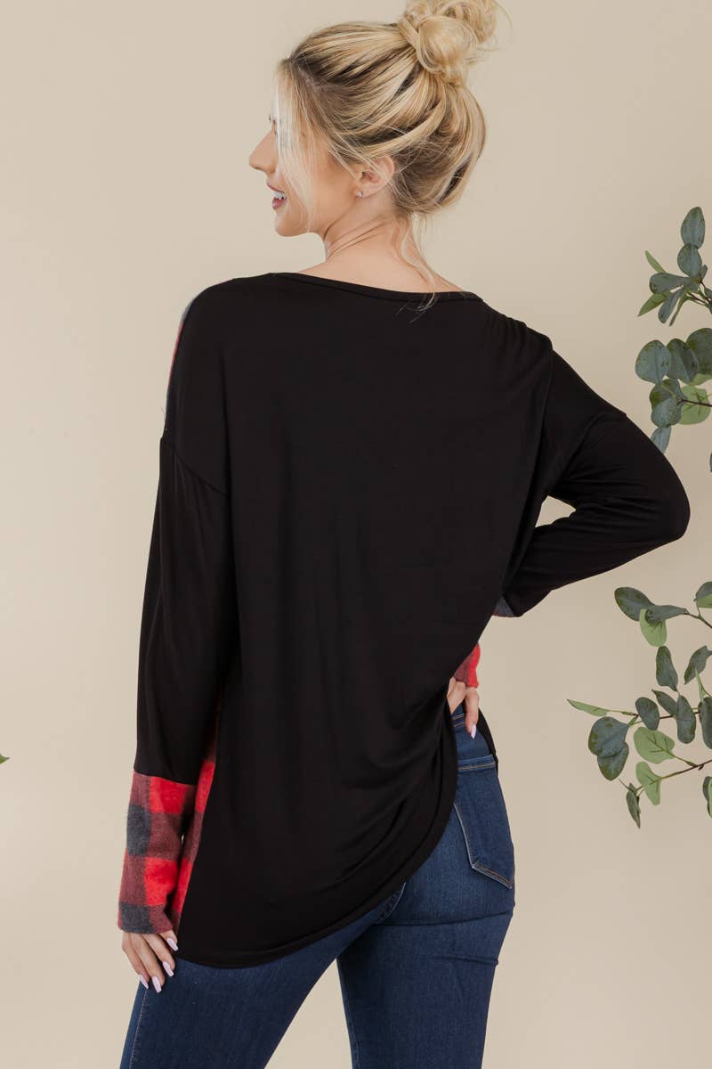 Celeste Clothing - Vendita all'ingrosso Tunica - Donna - TOP A MANICHE LUNGHE IN TARTAN PER MISSY E PLUS SIZE -CT43810B12