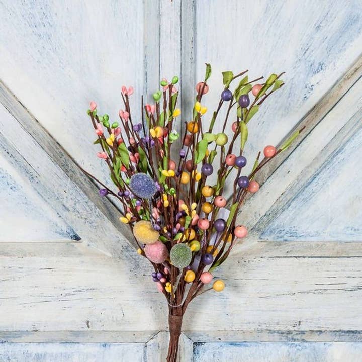 Handgebundener Mixed Beerenzweig mit Blättern und schaumstoffperlen, 33 cm für den Großhandel von KMI International Corp.