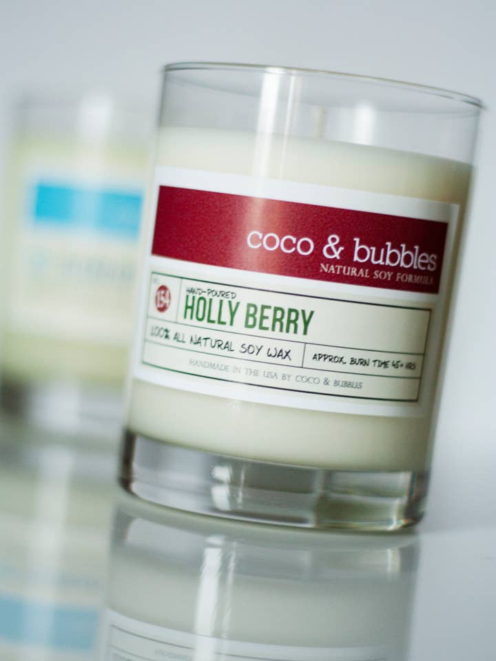 Holly Berry Scented Glass Tumbler for wholesale by Coco & Bubbles