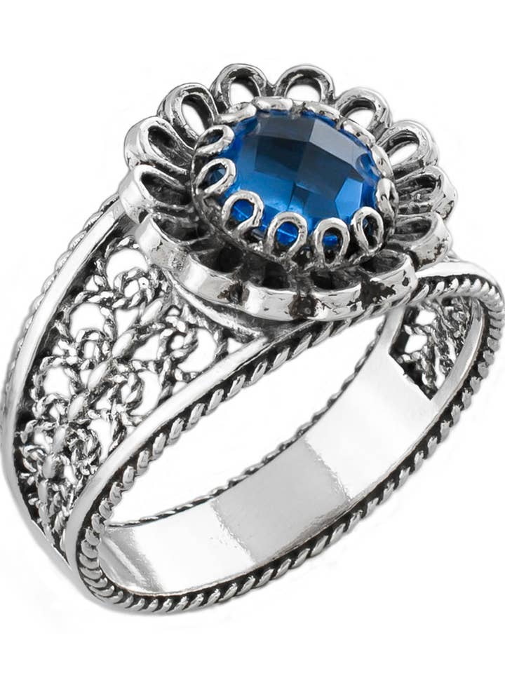 Filigree Art Daisy Figured Blue Quartz Gemstone Women Sterling Silver Cocktail Ring for wholesale by Filigranist Jewelry