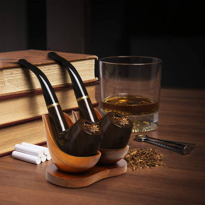 RAWHYD Leather Co. - Wholesale Humidor/Cigar Accessory - Wooden Tobacco Pipe Stand (for 2 Pipes)1