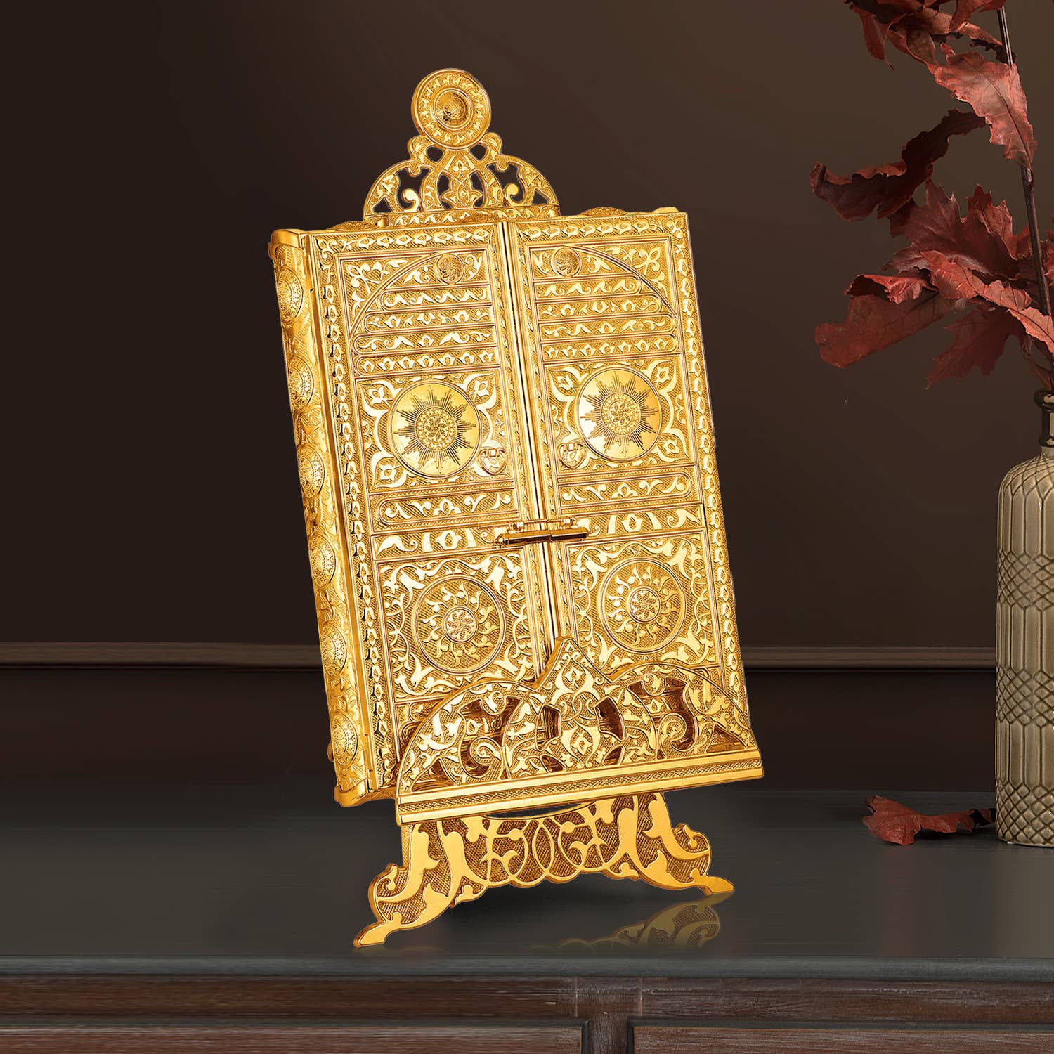 Hakan - Wholesale Decorative Box - Luxury Metal Quran Box with Stand, Gold, and Nickel1