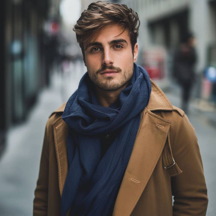 menique - Wholesale Scarf - Men's - Natural Linen Scarf for Men Storm Blue