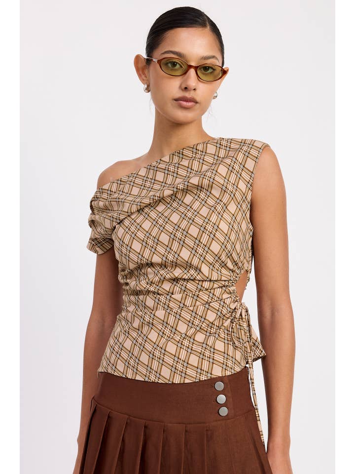 ASYMMETRIC ONE SHOULDER RUCHED PLAID TOP for wholesale on Faire