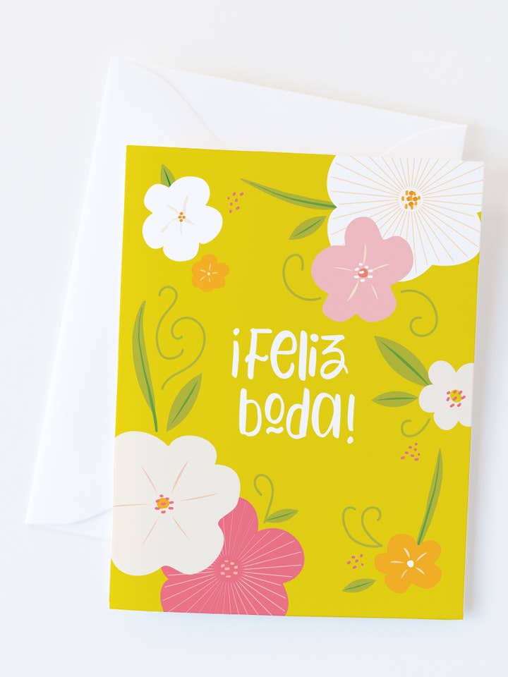 Carte espagnole Feliz Boda | carte de vœux de mariage fleurie pour la vente par Graphic Anthology Greeting Cards