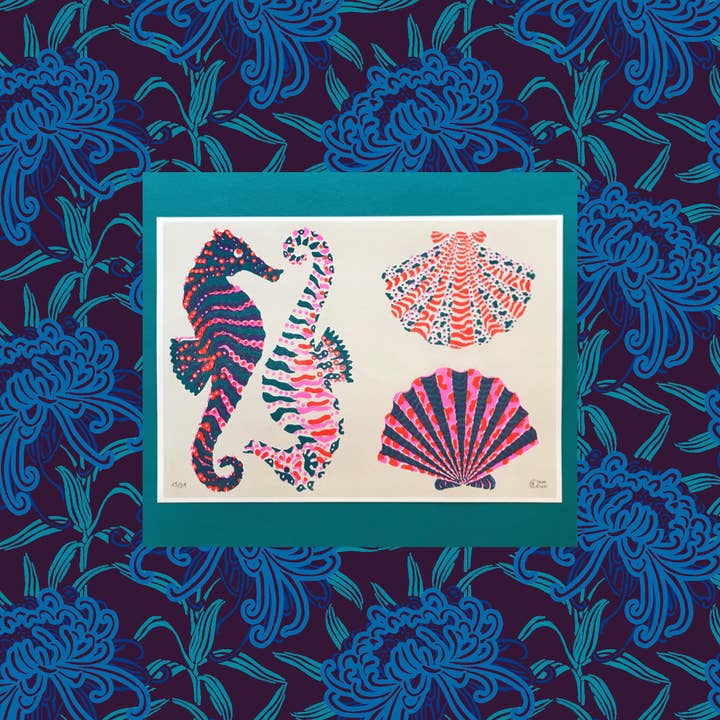 Risograph Illustration Seahorse Shells - 29.7x42 cm for wholesale by Claire Colin