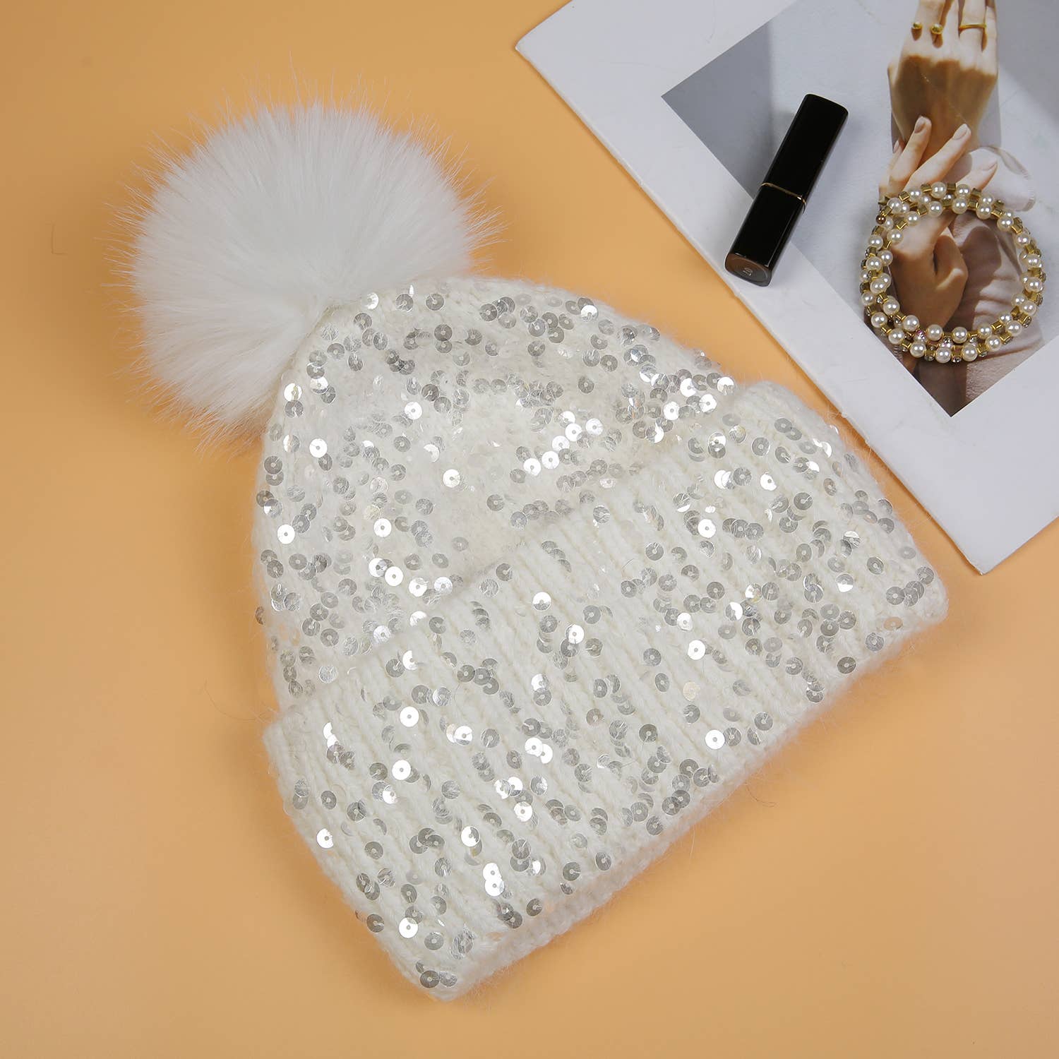 PEACH ACCESSORIES – wholesale Winter accessory set – women's – Sequins Pompom Hat and Gloves Set SD117-16