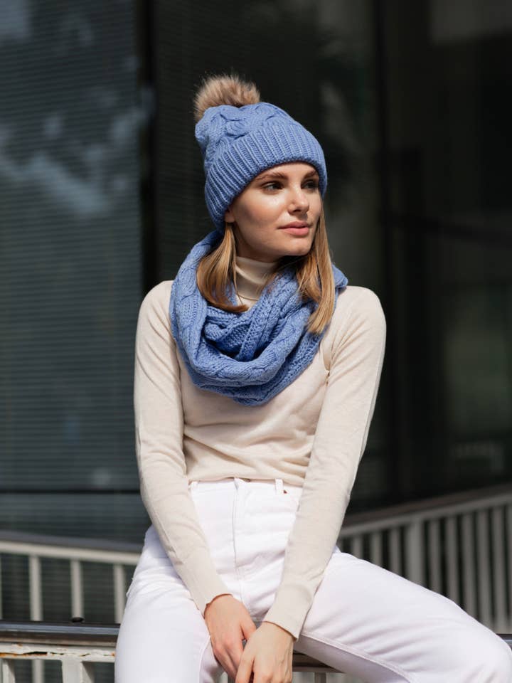 Women Fleece Lined Knit Beanie Hat Scarf Set Winter Pom Pom for wholesale by LidorUS