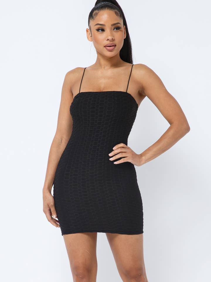 Julia by LoveJ - Wholesale Dress - Women's - Honeycomb Jacquard Spaghetti Strap Basic Bodycon Dress