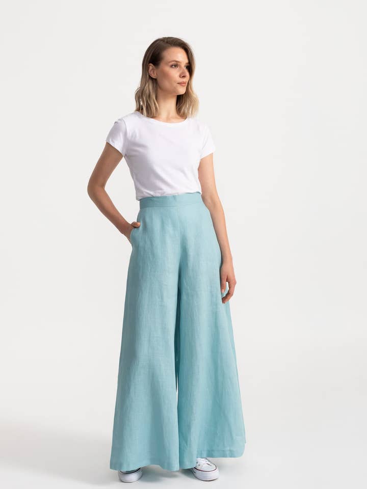 The Palazzo Linen Pants - Aqua for wholesale by De IONESCU