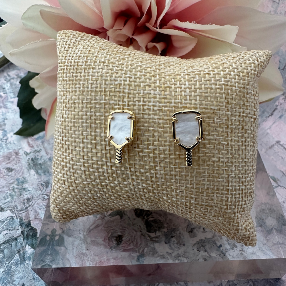 Born to Rally - Wholesale Stud/Post Earrings - Pickleball Mother of Pearl Gold Stud Earrings3