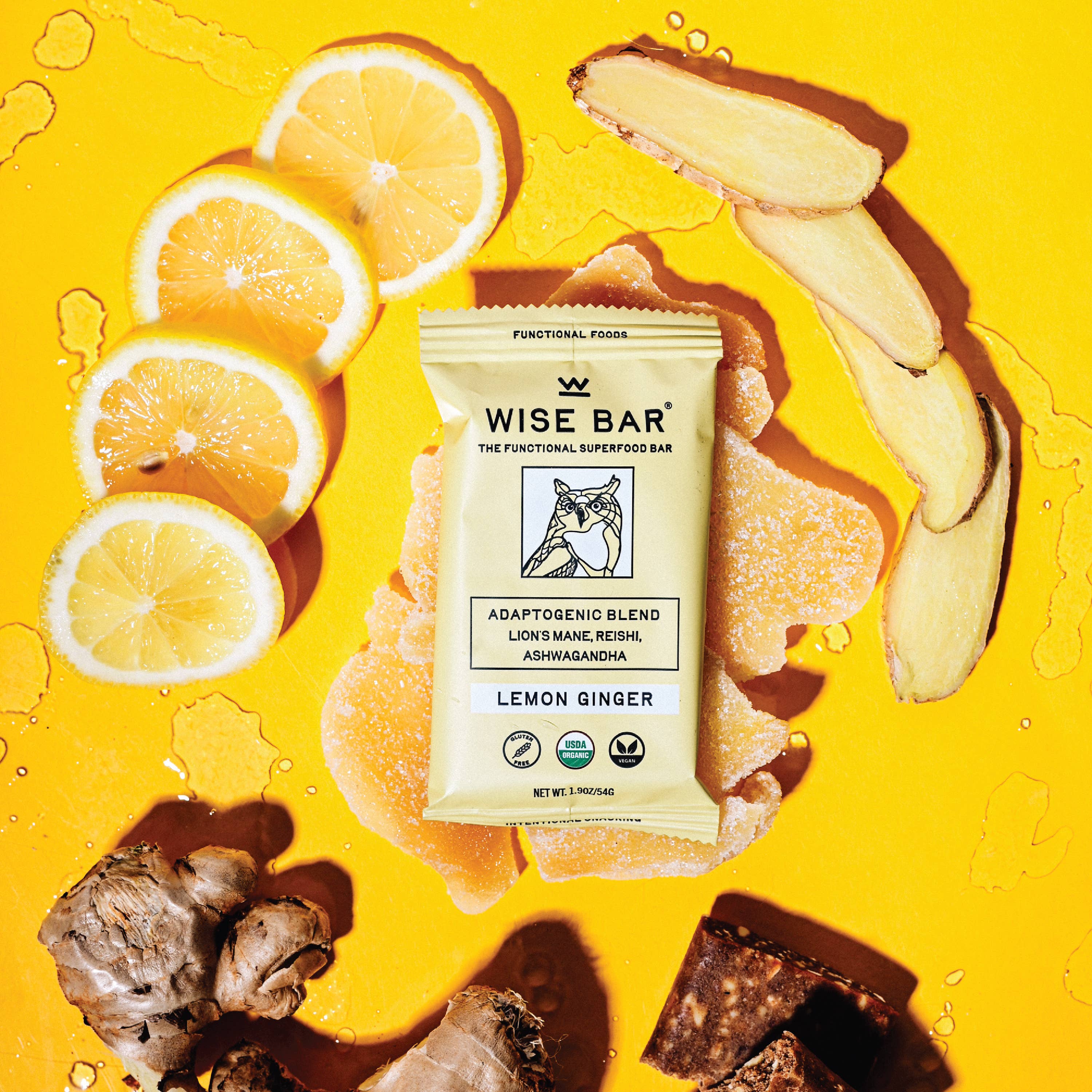 Wise Bar - Wholesale Snack Bar - Lemon Ginger Adaptogen Mushroom Nutrition Bar (12 Bars)7