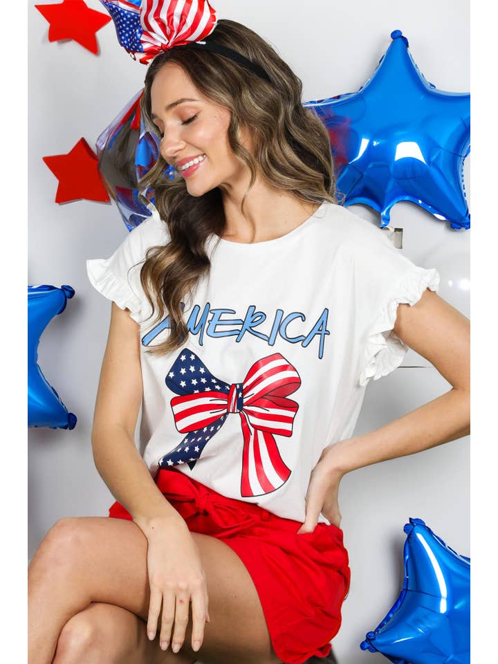 Vine & Love - Wholesale Screen Printed T-Shirt - Women's - American Flag Bow Graphic Crew Neck 100% Cotton Top VT82411A