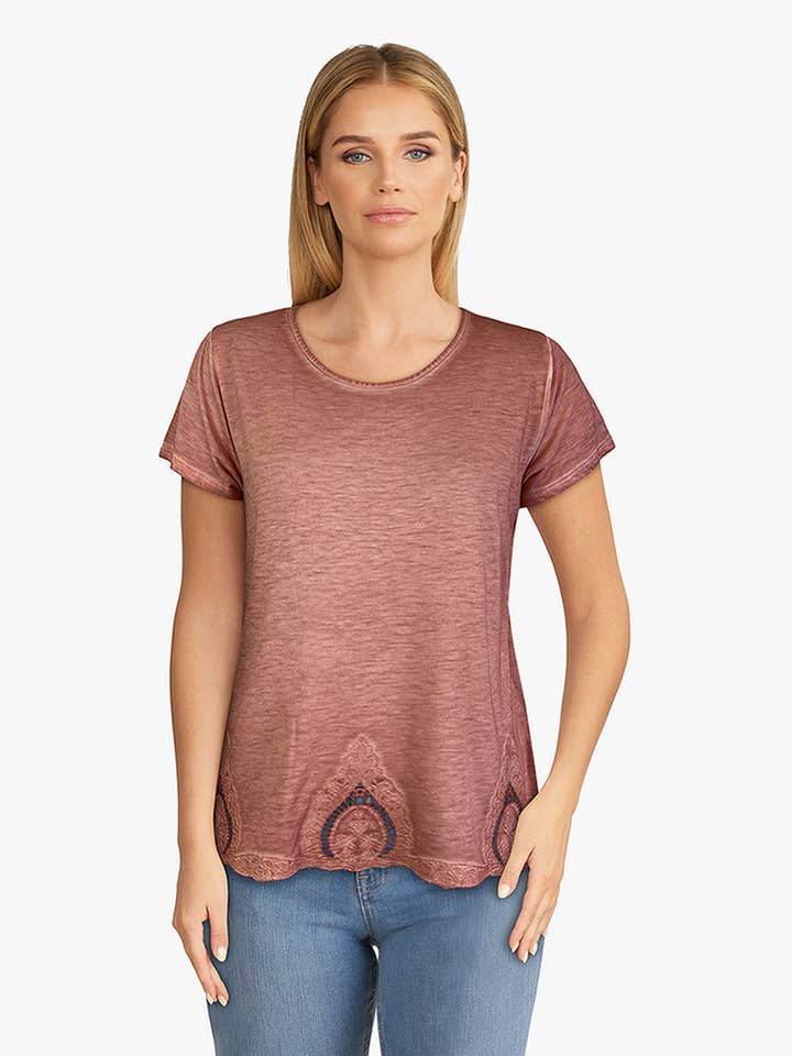 Oil Dye Embroidered Hem S/S Top Sahara Sky (D190242) for wholesale by Dantelle Apparel