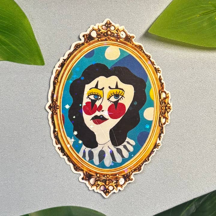 Melancholy Clown Girl Vinyl Sticker for wholesale by MysticalToastArt