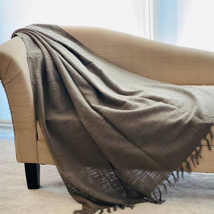 Organic Cotton Slub Throw Blanket In Solid Gray, Bohemian Decor, Boho Throw Blanket, Picnic Blanket, Housewarming Gift for wholesale by Sunny Dzyns