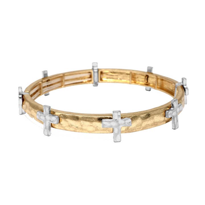 Gold Hammered Stretch Bracelet with Silver Cross Accents for wholesale by What's Hot