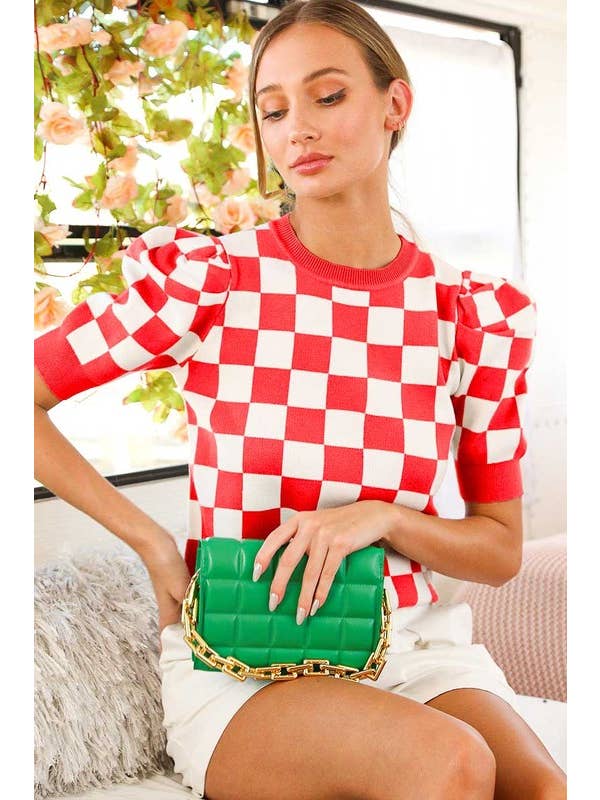 Vine & Love - Wholesale Knit Sweater - Women's - Checkerboard Crew Neck Short Puff Sleeve Sweater VT8134513