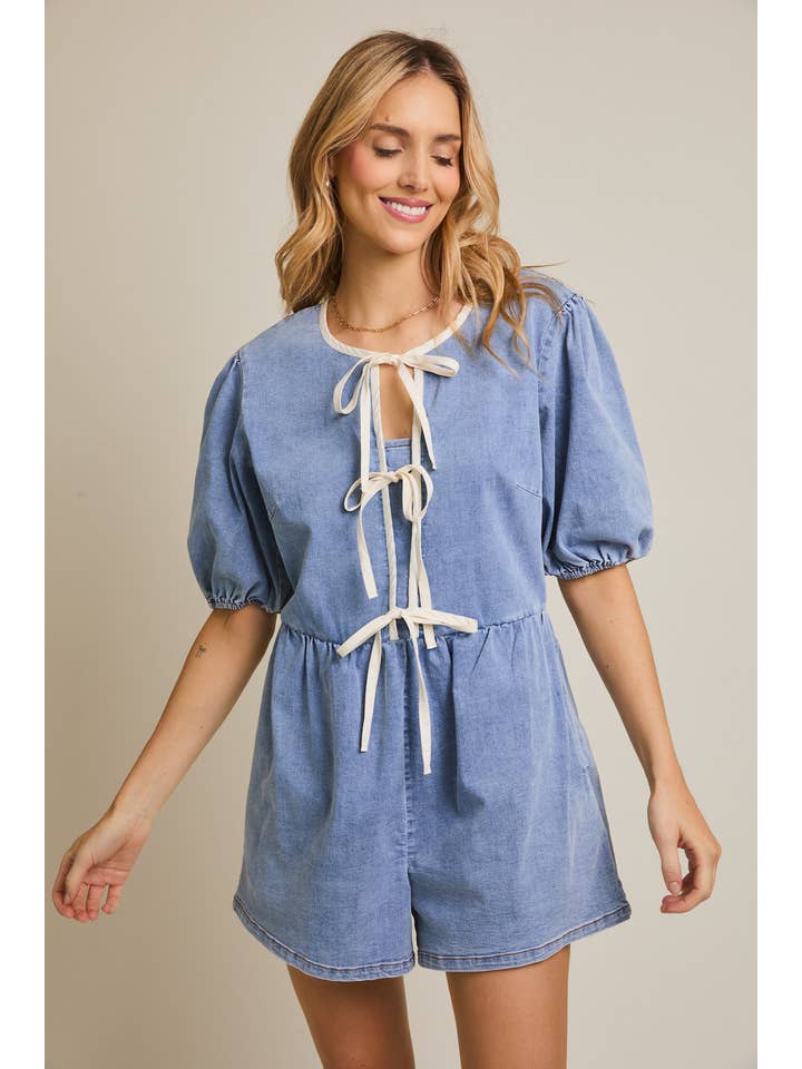 FRONT TIE PUFF HALF SLEEVE DENIM ROMPER for wholesale on Faire