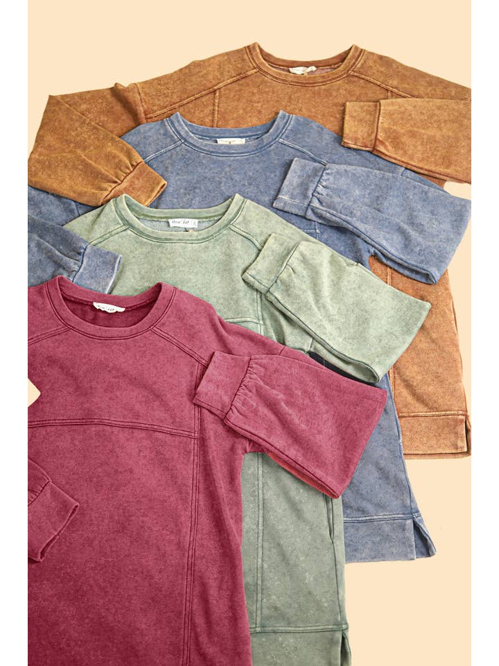 VERY J - Wholesale Dress - Women's - ND31375-Mineral Washed Oversized Knit Sweatshirt Mini Dress