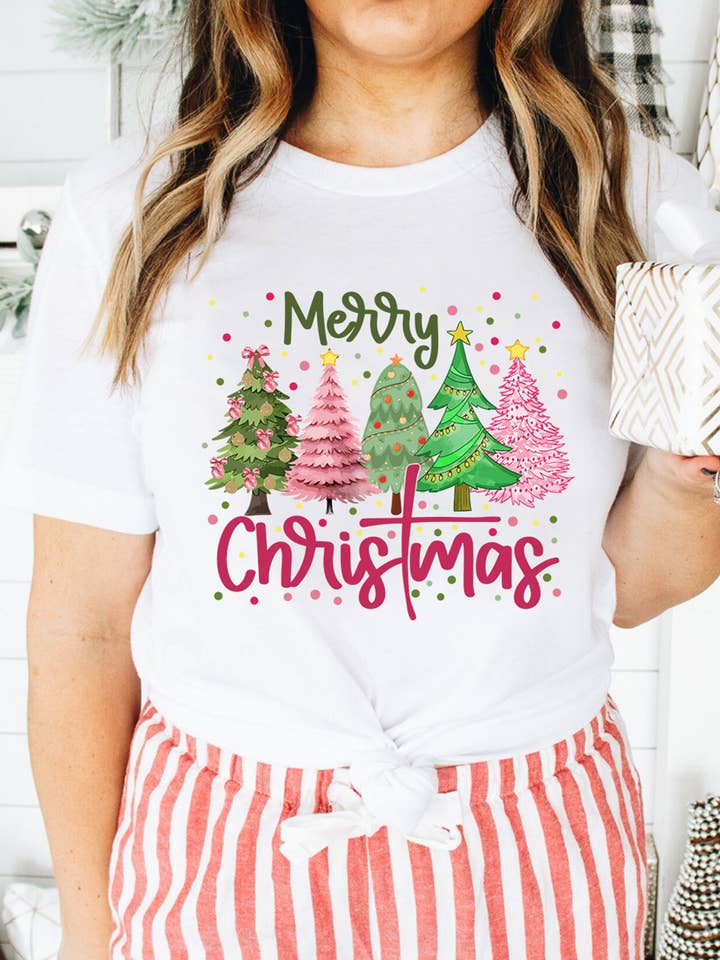 White Merry Christmas Trees Graphic Holiday Crewneck T Shirt for wholesale on Faire1