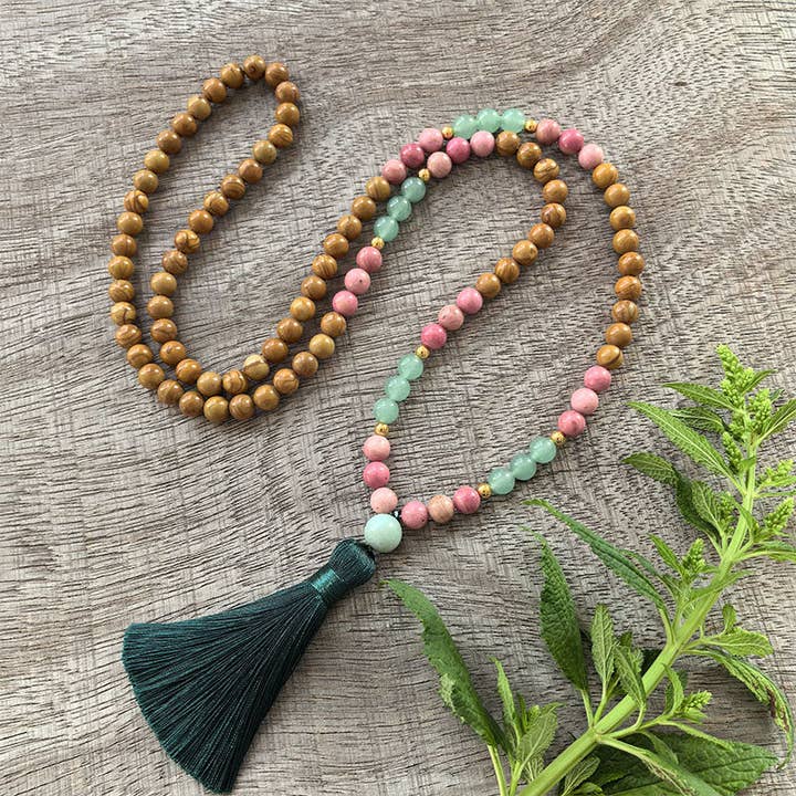 Olive Wood, Rhodonite, Green Aventurine Mala Bead Necklace for wholesale by Harmony Mala