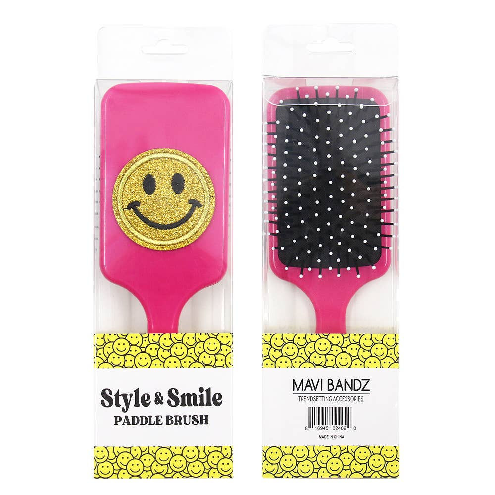 Mavi Bandz - Wholesale Hair Brush/Comb - Varsity Glitter Smiley Face Large Bright Paddle Hair Brush2