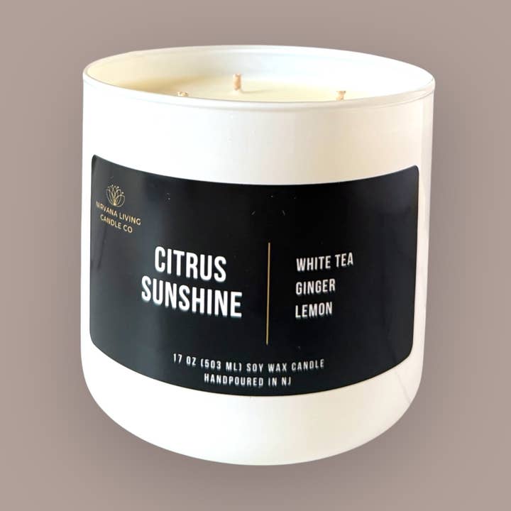 CITRUS SUNSHINE 17OZ CANDLE- 3 WICK for wholesale by Nirvana Living Candle Co