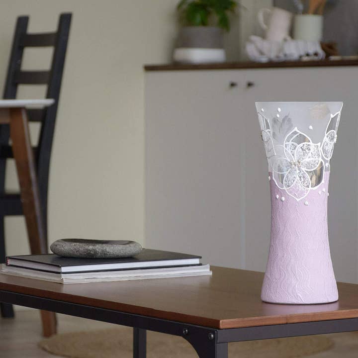 White Flowers on Ligth Pink Glass Vase for Flowers | Painted Art Glass Oval Vase | Table Vase 12 Inch | Interior Design | Home Decor for wholesale by Project Development Group INC