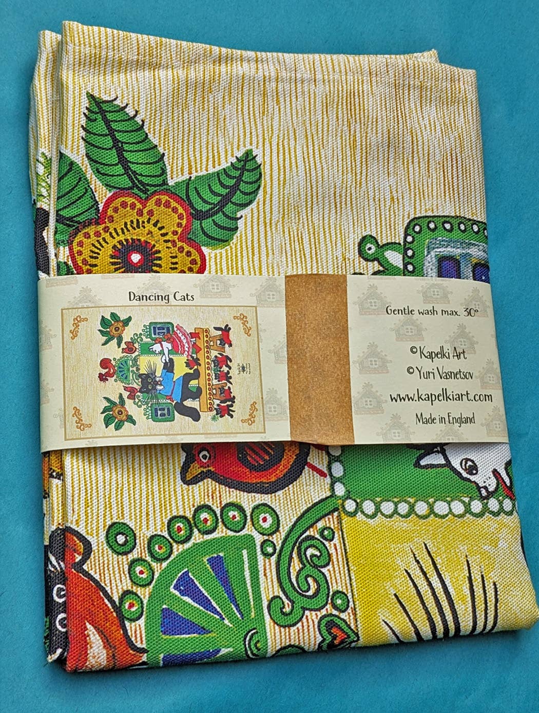 Kapelki Art - Wholesale Tea Towel - Folk Art Dancing Cats organic cotton tea towel2