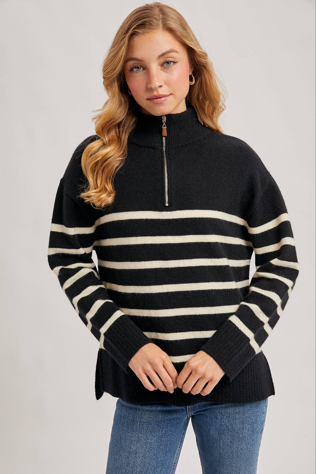 Bluivy - Wholesale Knit Sweater - Women's - QUARTER ZIP UP STRIPE SWEATER PULLOVER5