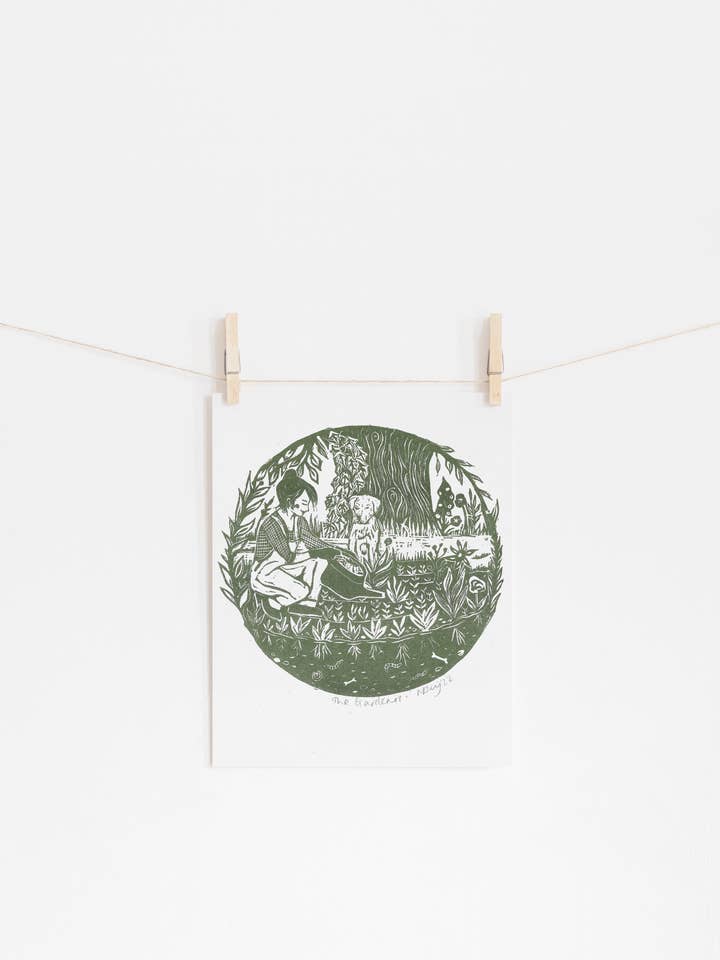 The Gardeners riso print, gardening, dog art, garden, nature for wholesale by Prints by the Bay