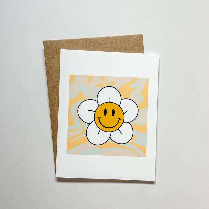 Carte-cadeau Trippy Daisy Happy Face, carte de vœux amusante, tendance pour la vente par Iome