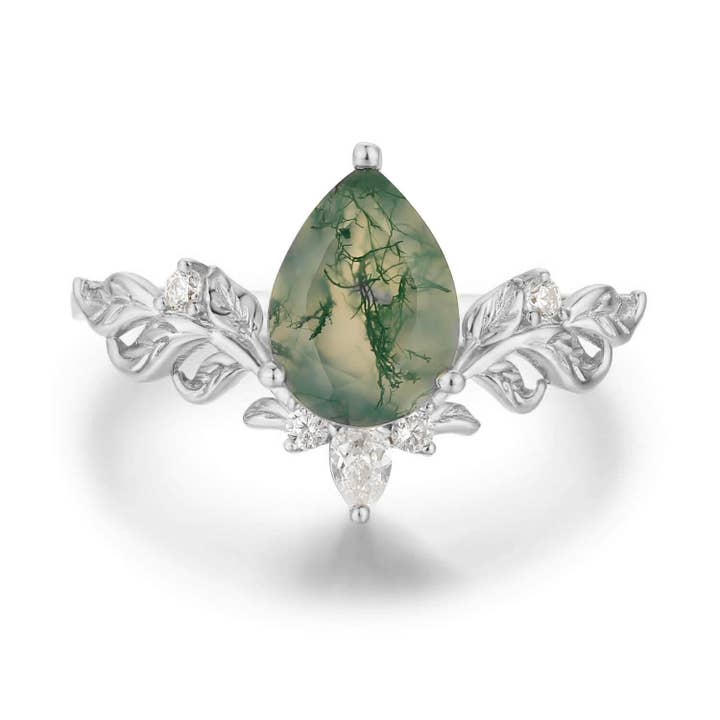 Bague Dewdrop Moss Agate en or blanc massif pour la vente par Azura Jewelry